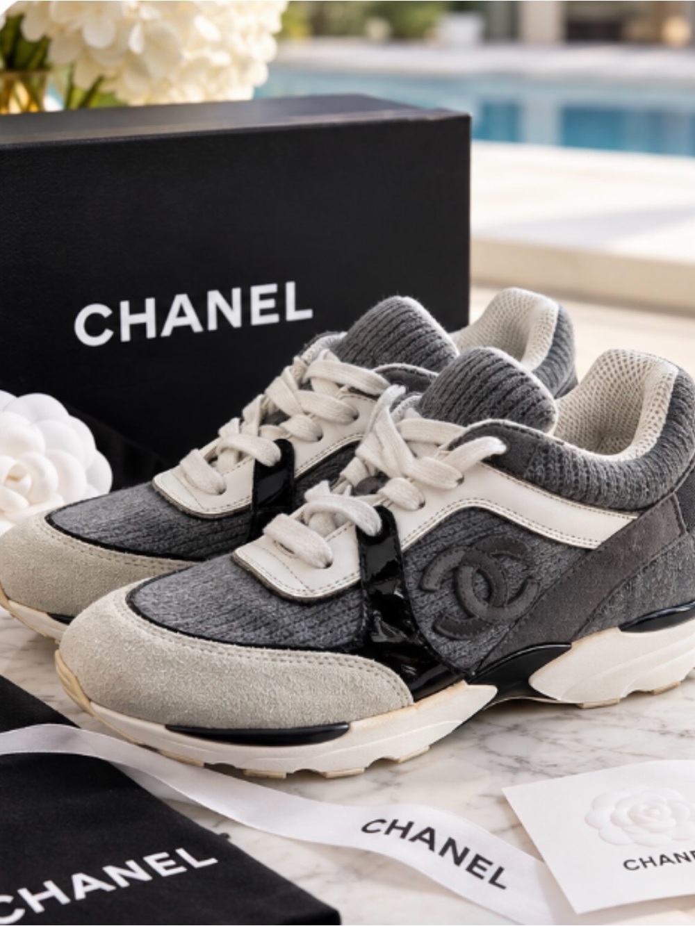 Chanel Authentic Grey Leather CC Sneakers EU38/UA 8 Rare Earlier Collection